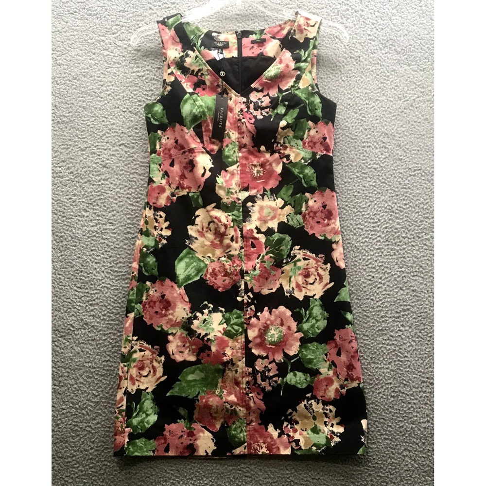 Talbots Women's Sleeveless Shift Dress Floral on Black Size 6P NWT‎